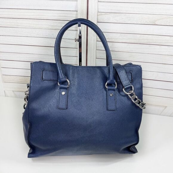 Michael Kors Saffiano Leather Chainlink Hamilton Tote Bag Navy Blue Silver - Picture 4 of 13